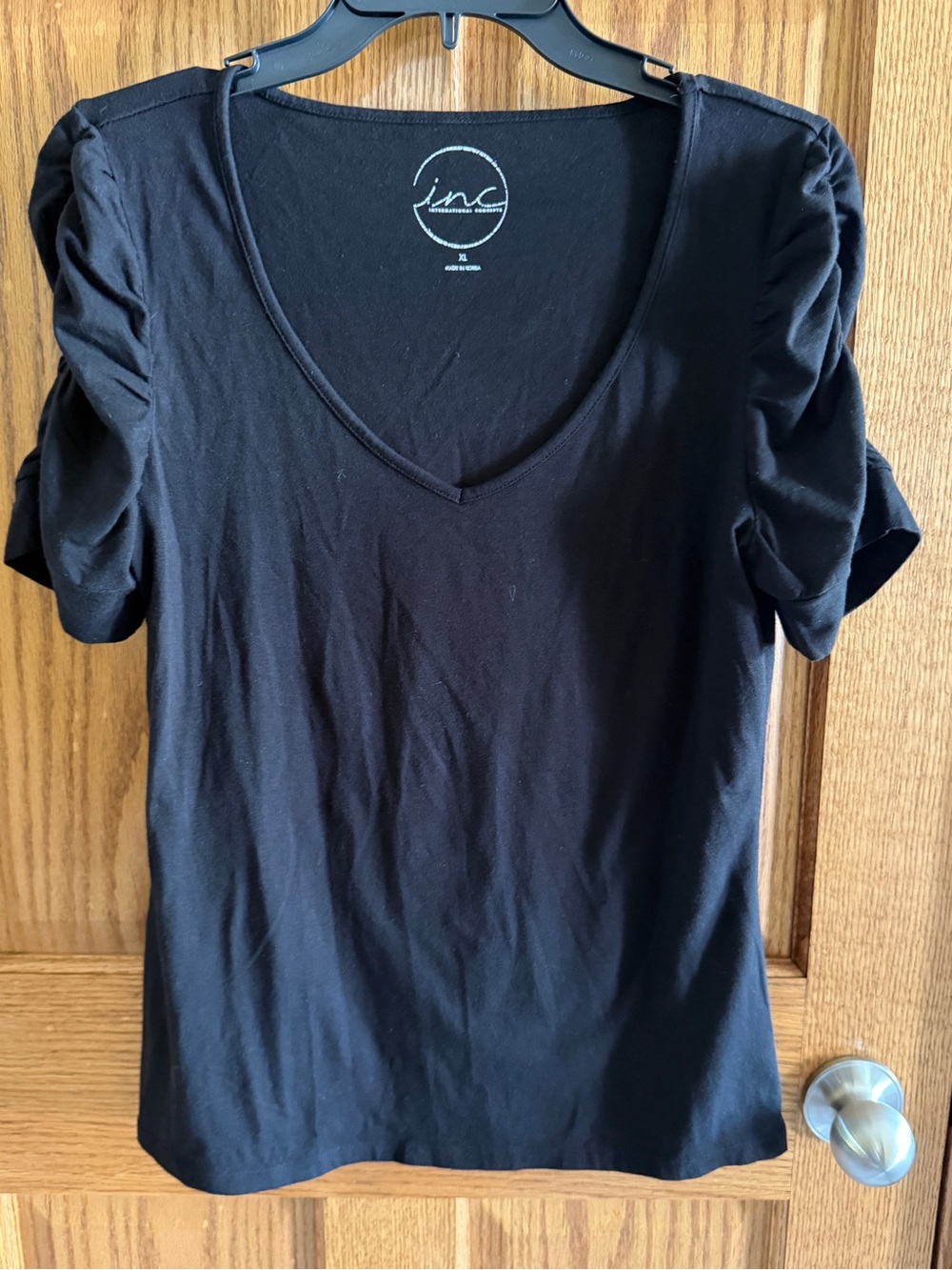 INC XL International Concepts Black V-Neck Puff Sleeve Tee